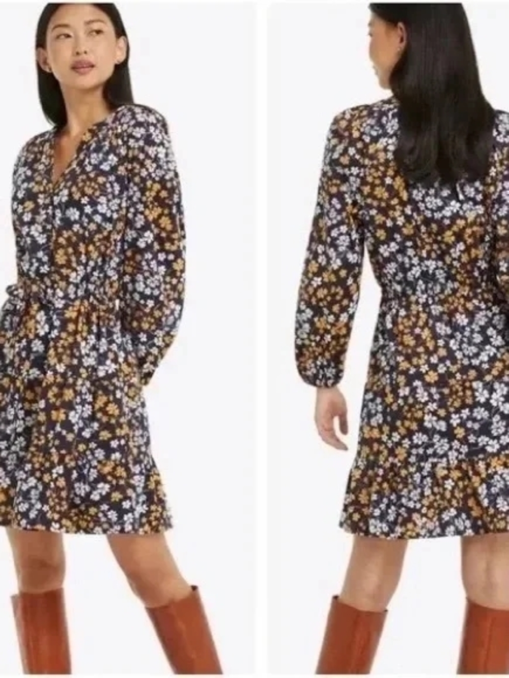 Plus Size Draper James Black Floral Long-Sleeve V-Neck Dress